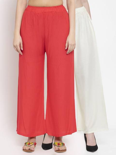 

TAG 7 Women Pack Of 2 Red & Off-White Solid Flared Palazzos