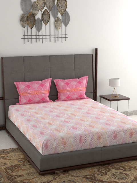 

Trident Pink & White Geometric 144 TC Cotton 1 Queen Bedsheet with 2 Pillow Covers