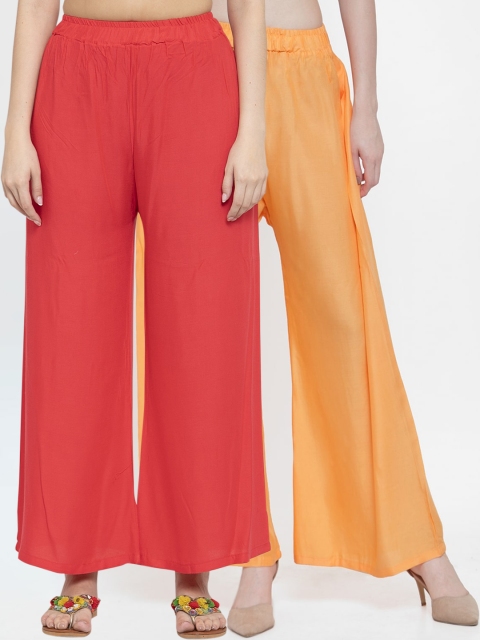 

TAG 7 Women Red & Peach Pack of 2 Solid Flared Palazzos