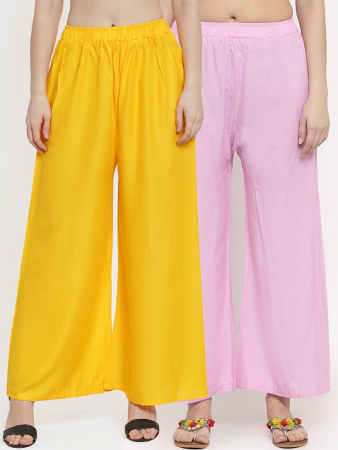 

TAG 7 Women Pack Of 2 Yellow & Pink Solid Flared Palazzos