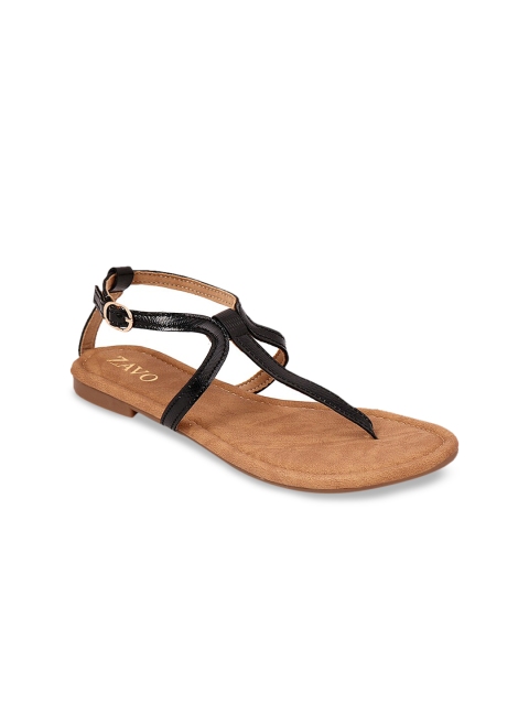 

ZAVO Women Black Solid T-Strap Flats