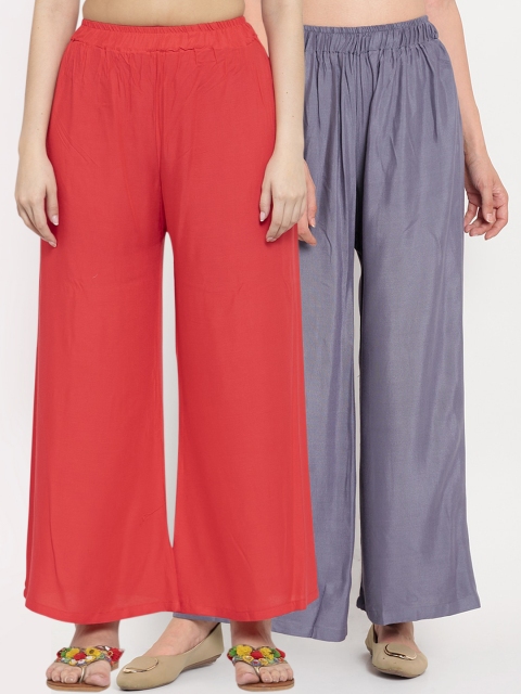 

TAG 7 Women Pack Of 2 Red & Grey Solid Flared Palazzos
