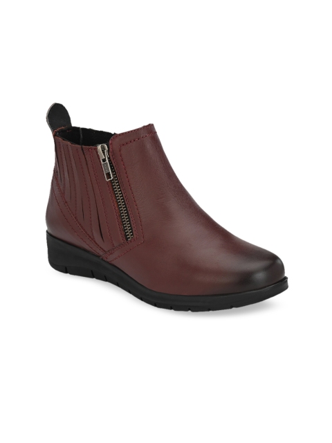 

Delize Women Burgundy Solid Leather Heeled Boots