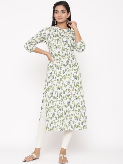

WomenMagic Women White & Green Printed A-Line Kurta