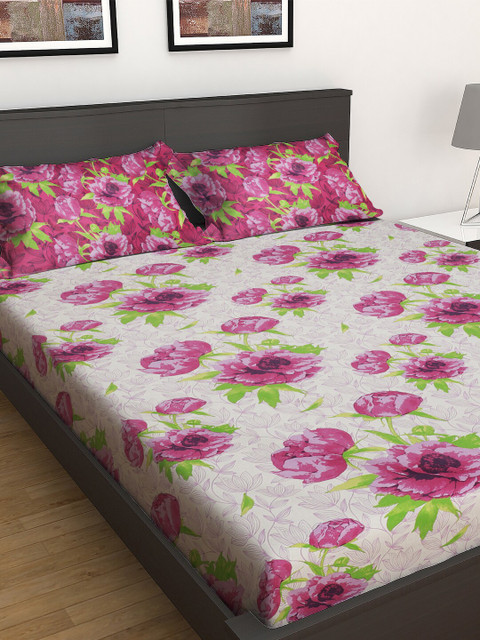 

GRES HOME Purple Floral 144 TC Cotton 1 King Bedsheet with 2 Pillow Covers