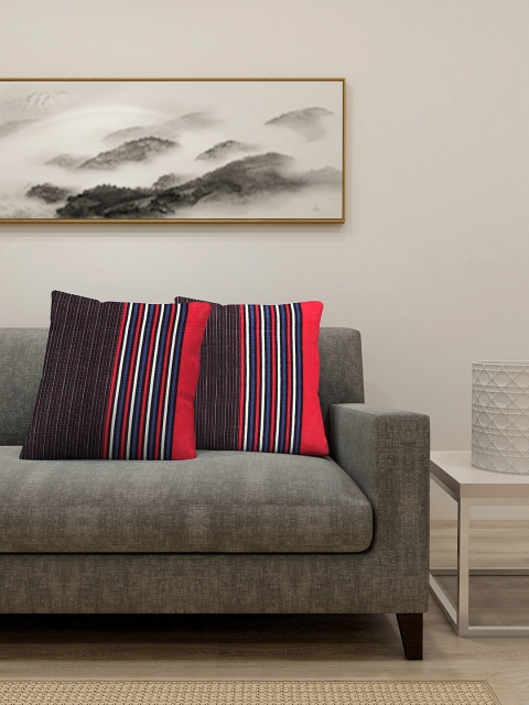 

NEUDIS Black & Red Set of 2 Striped Square Cushion Covers