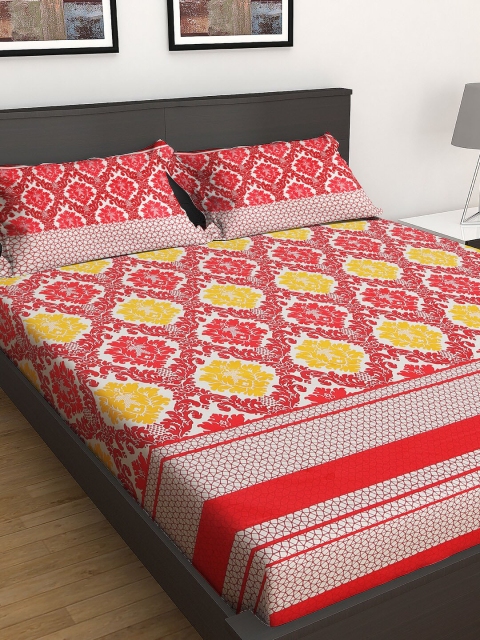 

GRES HOME Red & Yellow Ethnic Motifs 144 TC Cotton 1 King Bedsheet with 2 Pillow Covers