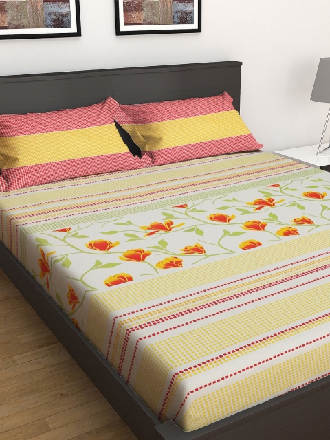 

GRES HOME Beige & Green Floral 144 TC Cotton 1 King Bedsheet with 2 Pillow Covers