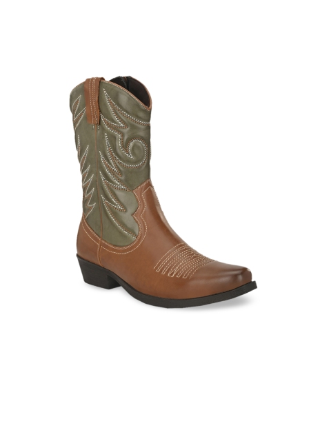 

Delize Men Tan Brown Woven Design Synthetic Leather High-Top Memory Foam Flat Boots