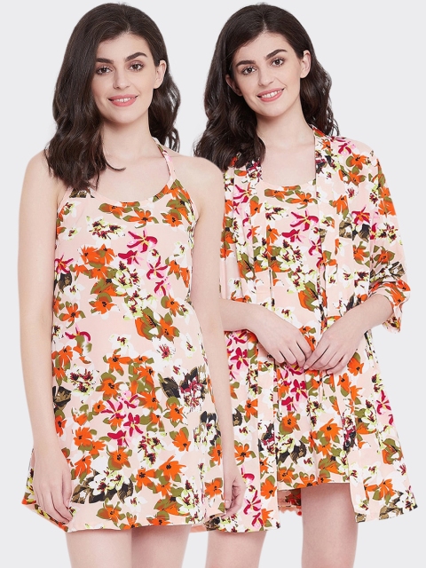 

Clovia Orange & Peach-Coloured Floral Printed Nightdress With Robe COMBNS127S