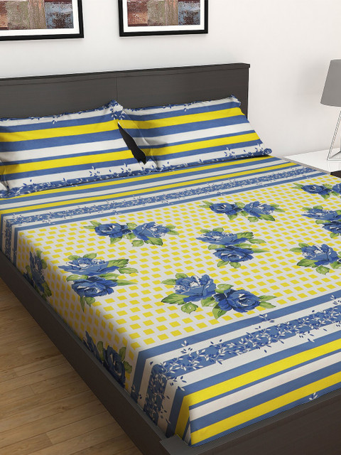 

GRES HOME Blue Floral 144 TC Cotton 1 King Bedsheet with 2 Pillow Covers