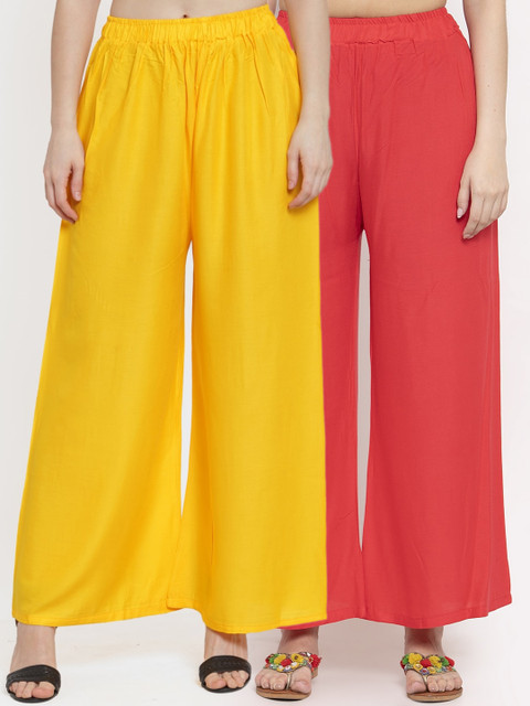 

TAG 7 Women Red & Yellow Solid Flared Palazzos