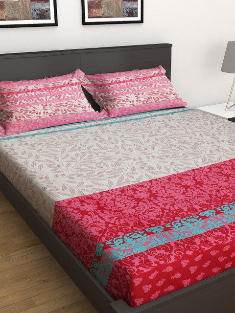 

GRES HOME Pink & Off-White Floral 144 TC Cotton 1 King Bedsheet with 2 Pillow Covers