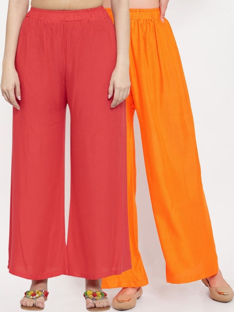 

TAG 7 Women Pack Of 2 Red & Orange Solid Flared Palazzos