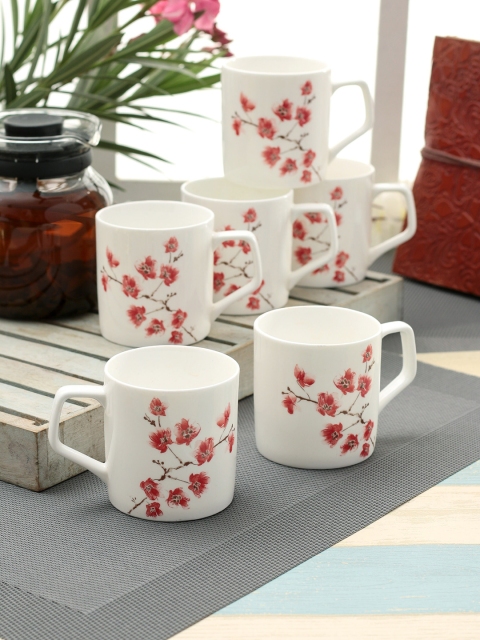 

CLAY CRAFT Red & Off-White Set of 6 Floral Printed Ceramic Glossy Cups Set