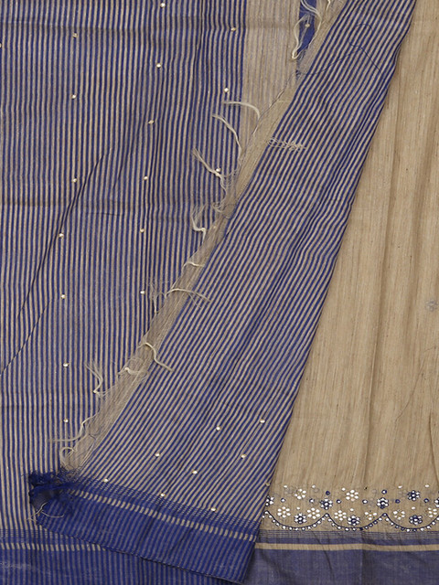 

Pothys Cream-Coloured & Navy Blue Cotton Blend Striped Saree