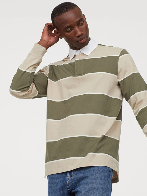 

H&M Men Beige Striped Cotton Rugby Shirt