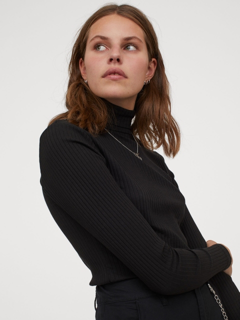 

H&M Women Black Solid Ribbed Polo-Neck Top