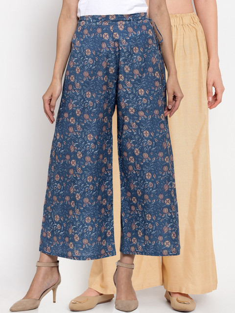 

TAG 7 Women Beige & Blue Printed Wide Leg Palazzos