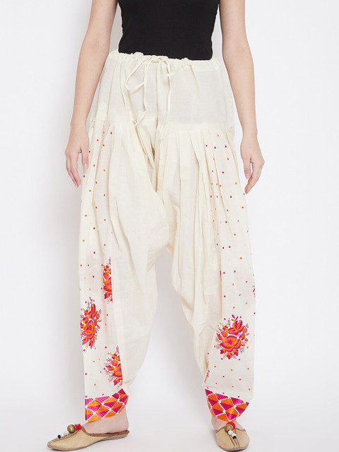 

Castle Women Off White & Pink Phulkari Embroidered Loose-Fit Salwar