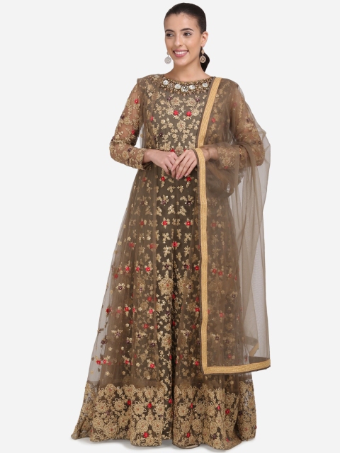 

Stylee LIFESTYLE Brown Net Semi-Stitched Dress Material