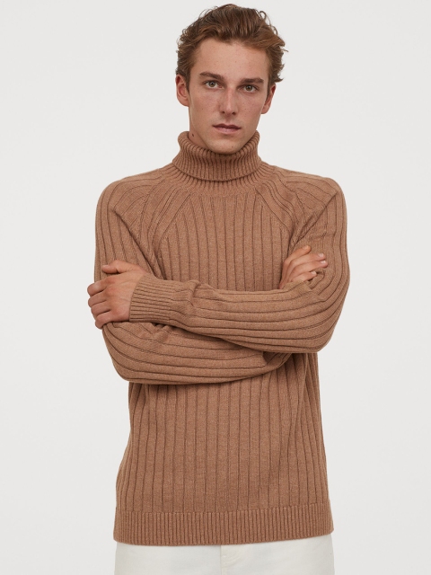 

H&M Men Beige Solid Ribbed Polo-Neck Jumper