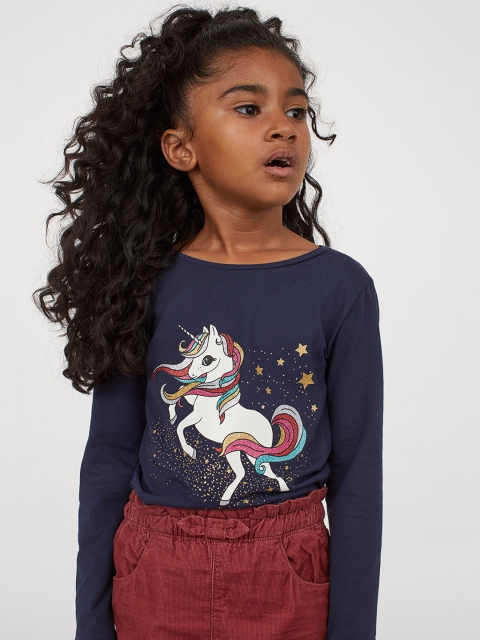 

H&M Girls Blue & White Printed Cotton Top