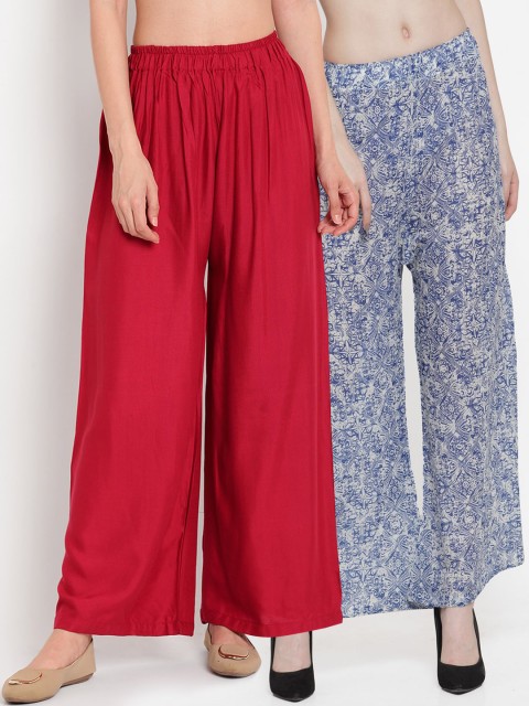 

TAG 7 Women Red & Blue Pack of 2 Printed Flared Palazzos