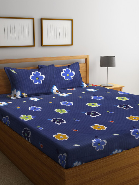 

DREAM WEAVERZ Blue Floral 250 TC Cotton 1 King Bedsheet with 2 Pillow Covers