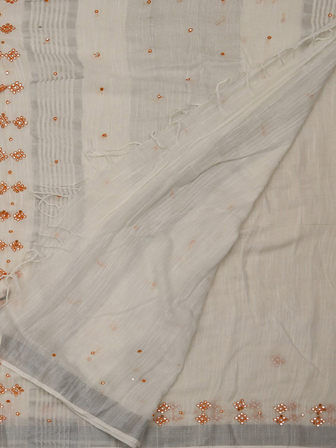 

Pothys White Embroidered Linen Blend Saree