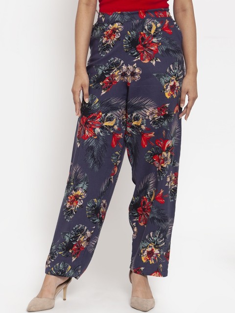

TAG 7 Women Navy Blue & Red Smart Floral Printed Regular Trousers
