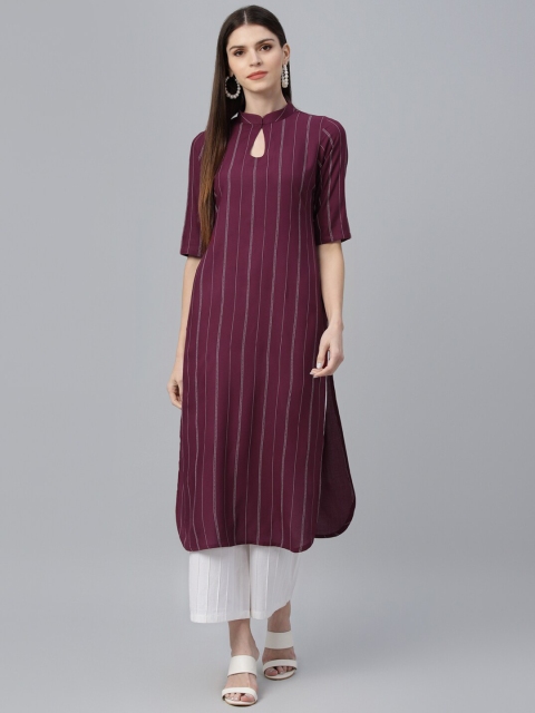 

Libas Women Maroon Striped Straight Kurta