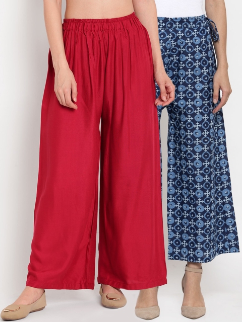

TAG 7 Women Maroon & Navy Blue Printed Flared Palazzos