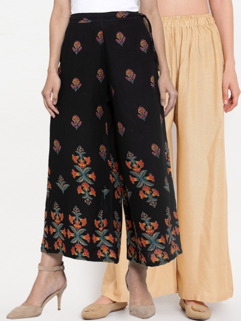 

TAG 7 Women Beige & Black Pack of 2 Printed Flared Palazzos