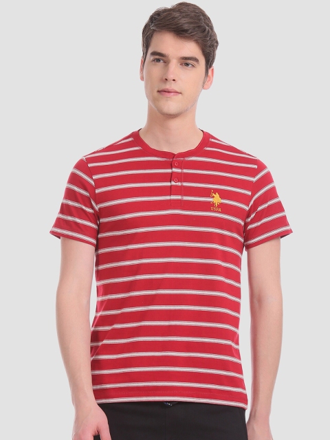 

U.S. Polo Assn. Men Red Striped Henley Neck T-shirt