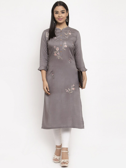 

Aujjessa Women Grey Melange Yoke Design Straight Kurta