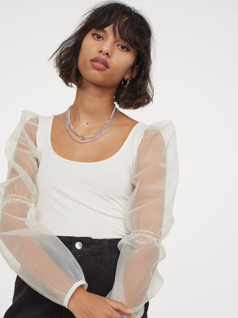 

H&M Women White Cropped Puff-Sleeved Top