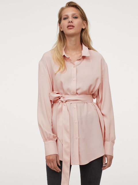 

H&M Women Pink Solid Tie-Belt Shirt
