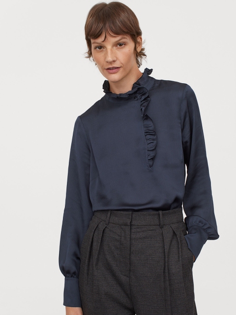 

H&M Women Turquoise Blue Solid Frill-Trimmed Blouse
