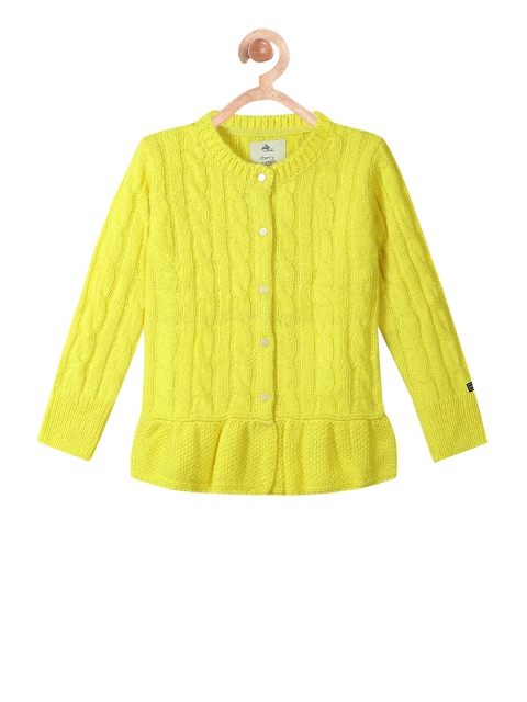 

Cherry Crumble Girls Yellow Self Design Cardigan Acrylic Sweater