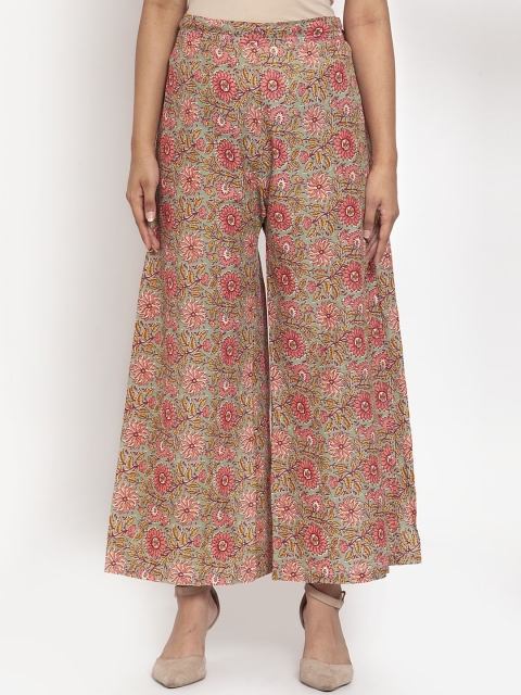 

TAG 7 Women Green & Pink Printed Flared Palazzos
