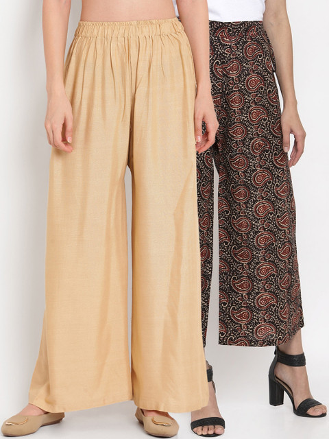 

TAG 7 Women Set Of 2 Beige & Black Printed Wide Leg Palazzos
