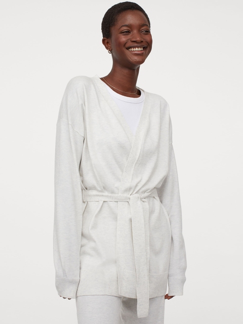 

H&M Women White Solid Tie-Belt Cardigan