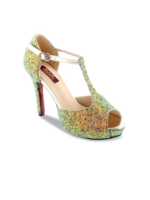 

SHUZ TOUCH Women Gold-Toned & Green Printed Peep Toes
