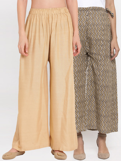 

TAG 7 Women Pack Of 2 Beige Printed Flared Palazzos