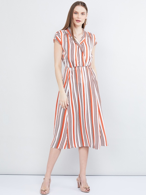 max Women Off-White & Orange Striped Fit and Flare Dress