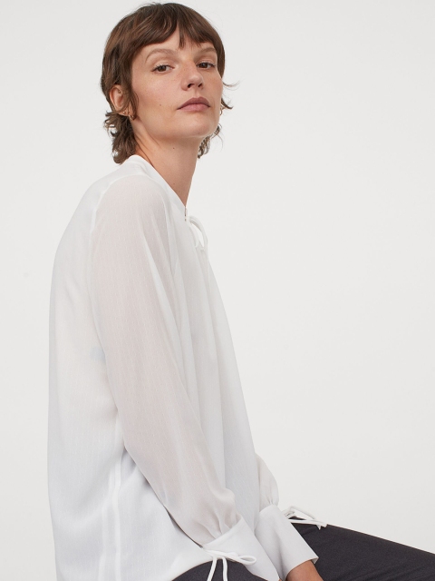 

H&M Women White Solid Tie-Detail Blouse