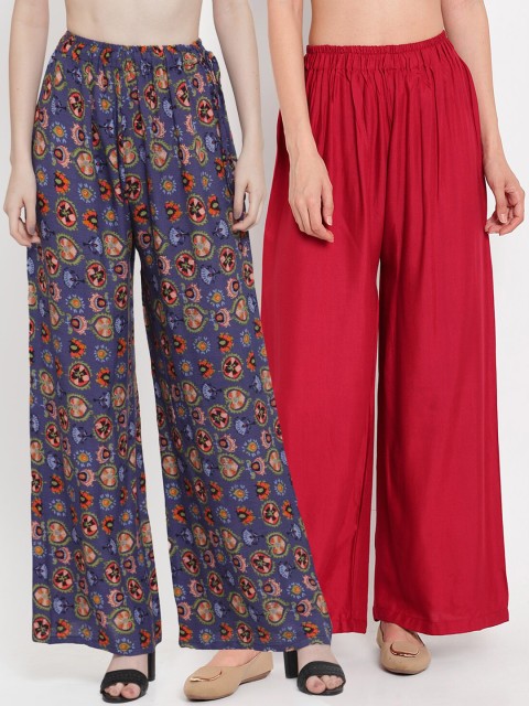 

TAG 7 Women Pack Of 2 Maroon & Navy Blue Printed Flared Palazzos