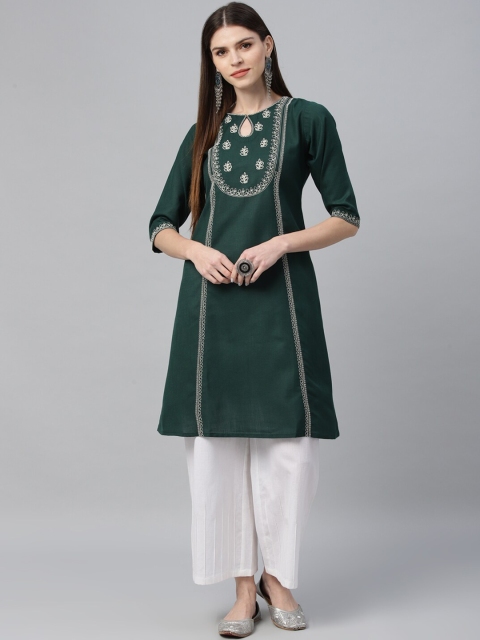 

Libas Women Green Embroidered A-Line Kurta