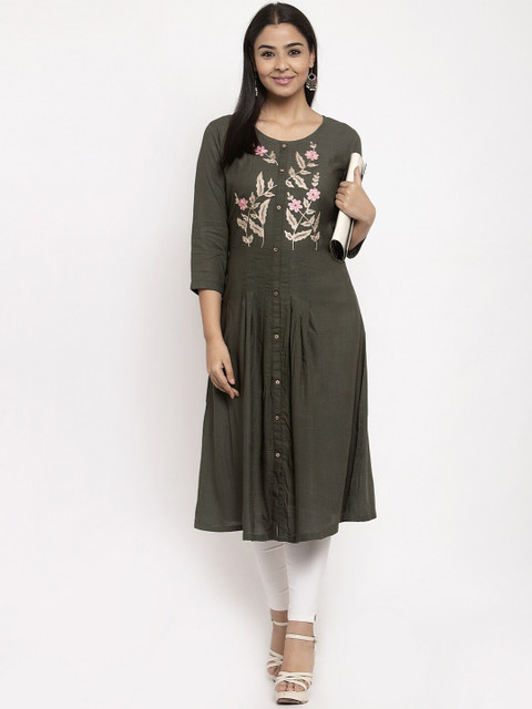 

Aujjessa Women Green & Cream-Coloured Yoke Design A-Line Kurta
